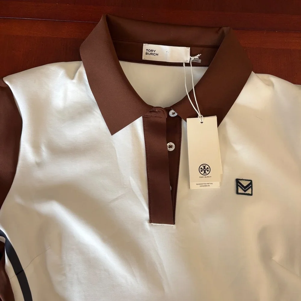 Tory Burch Neoprene Polo Golf Dress Snow White and Mocha Chip 161375 Size L NWT